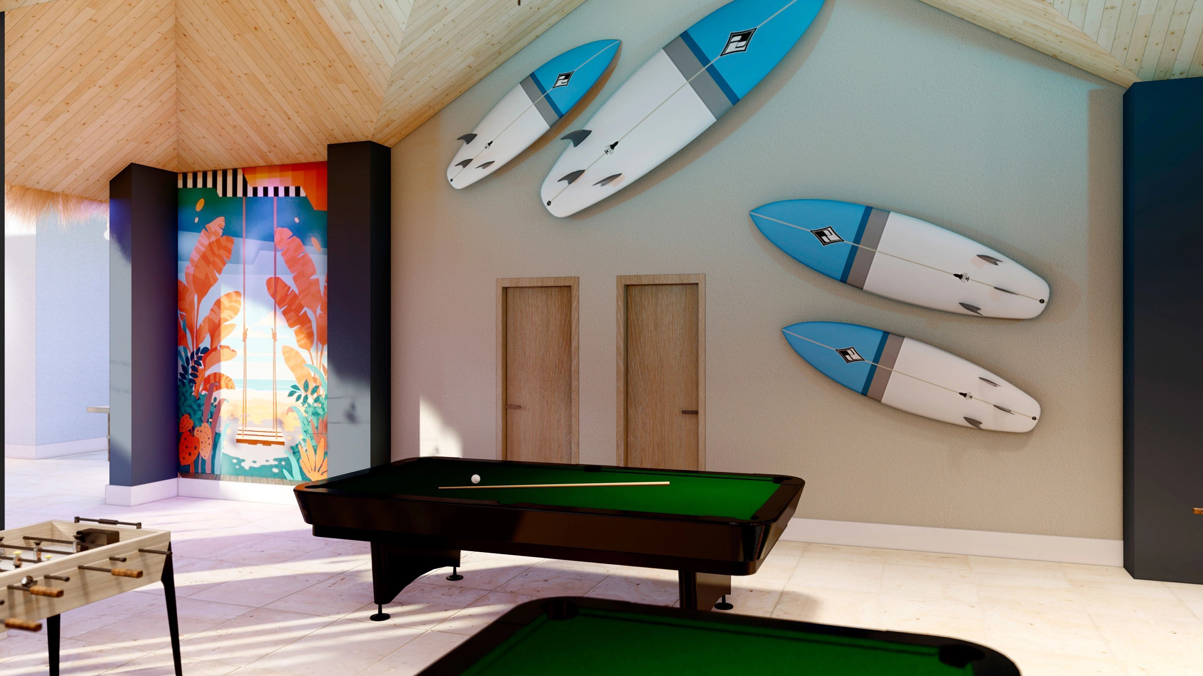 A pool table with a green felt surface, a wooden ceiling, and surfboards mounted on the wall.