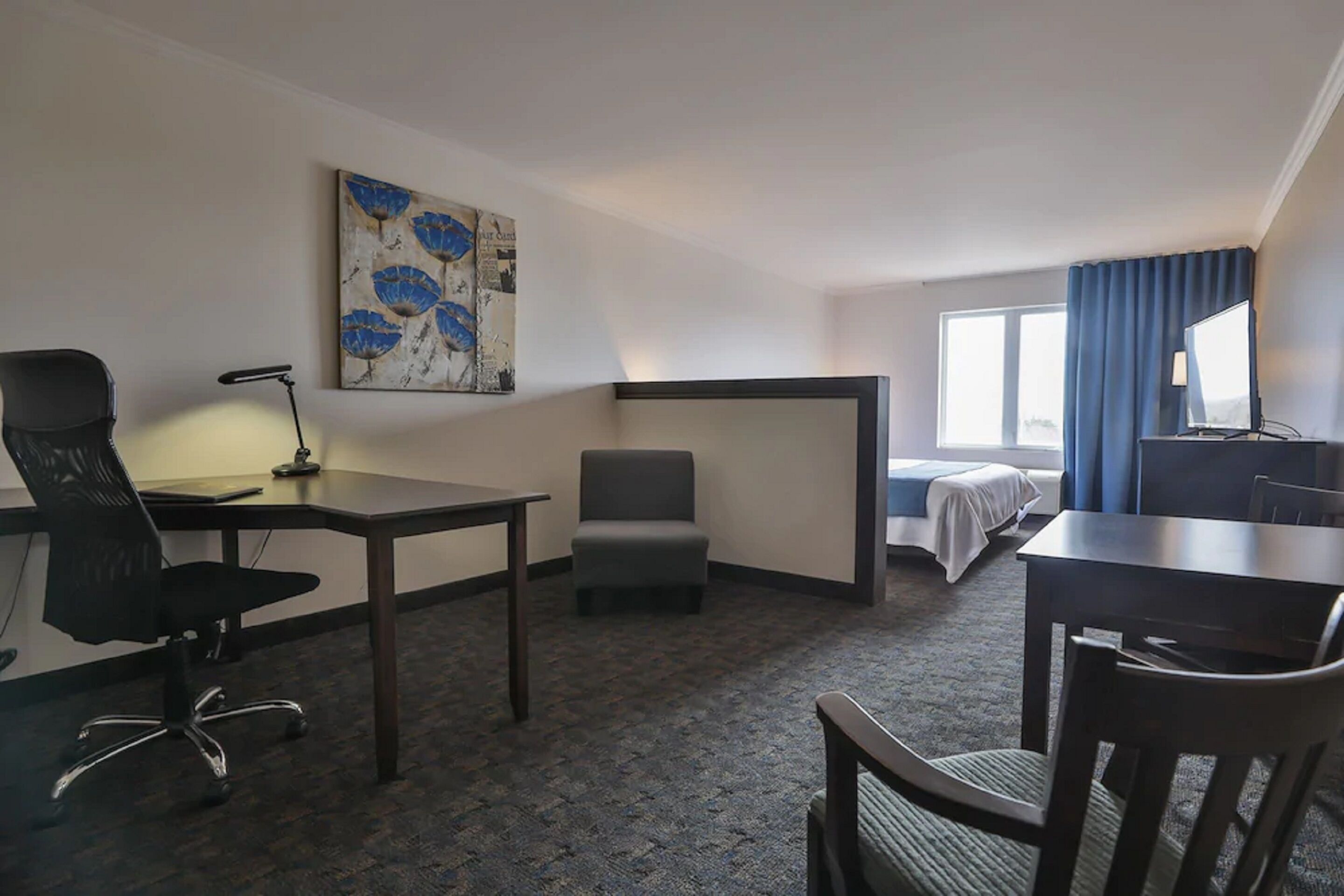 Habitación de hotel con escritorio, silla de oficina y cama con cortina azul.