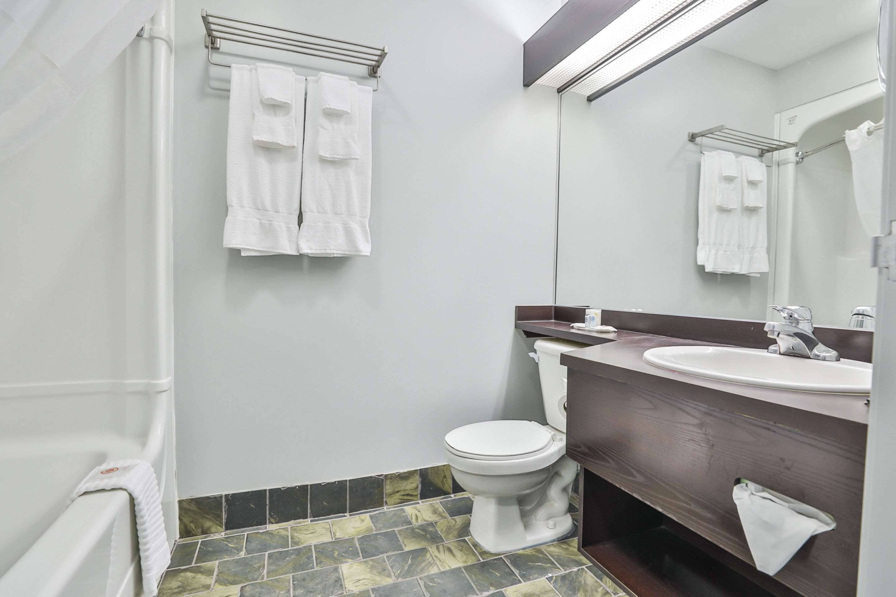 combined shower/bathtub, free toiletries, hair dryer, towels