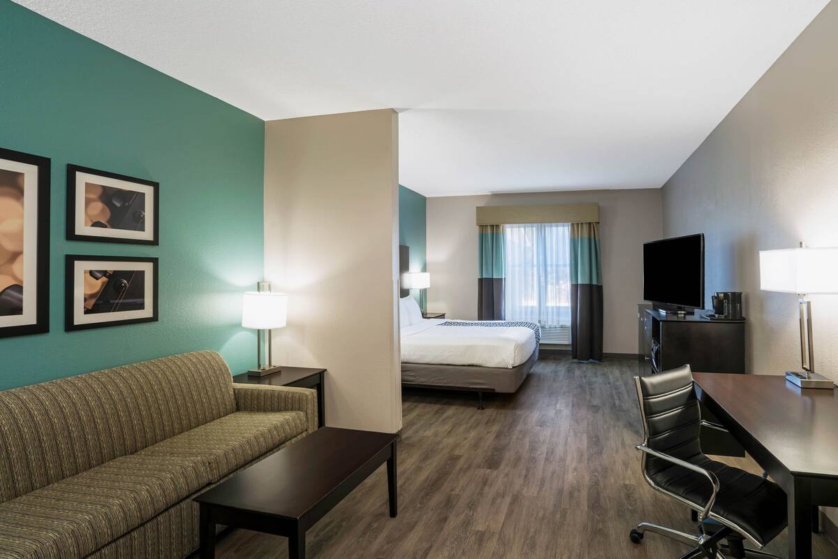 Une chambre d’hôtel avec un canapé, un lit, un bureau et une télévision.