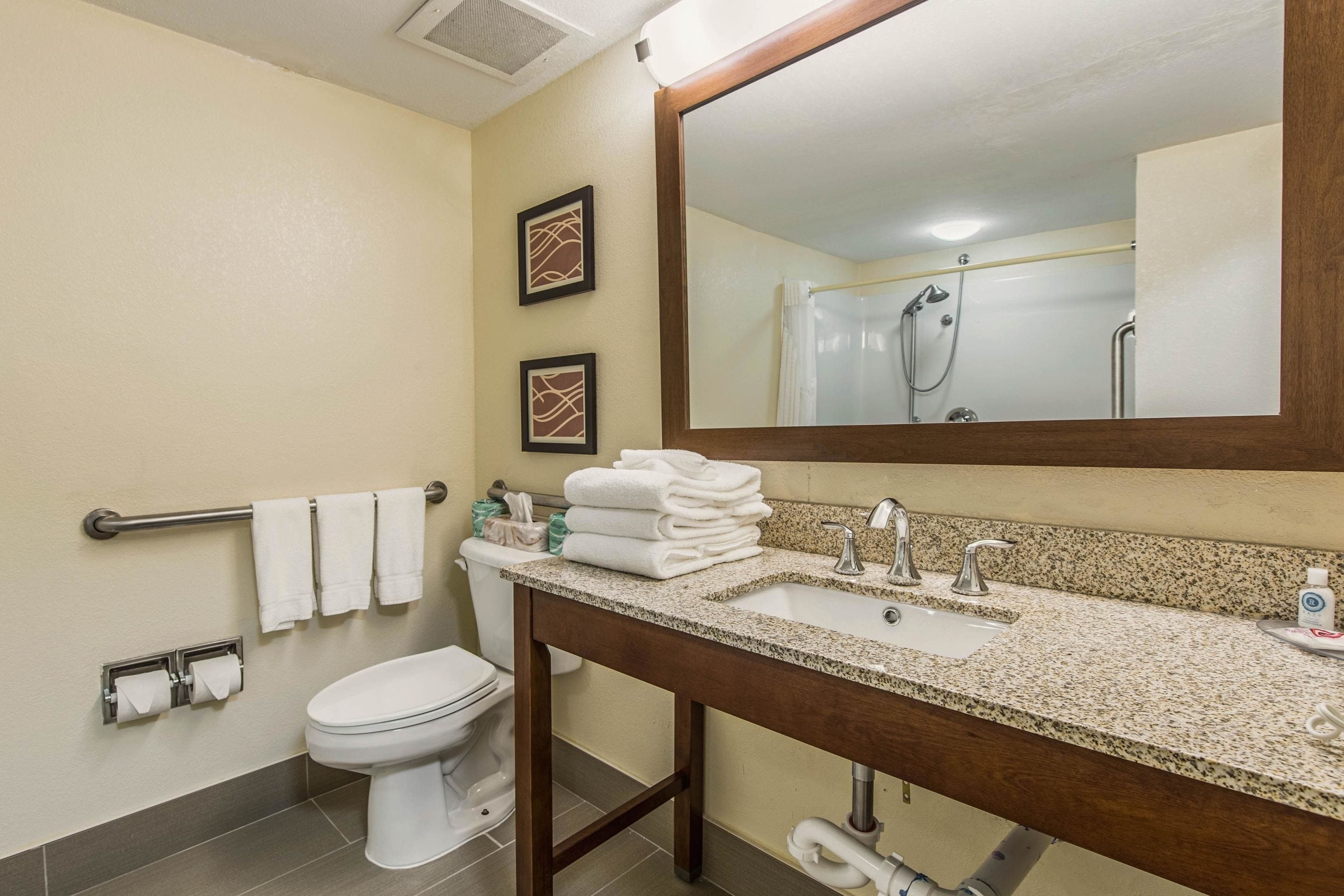 A bathroom with a toilet, sink, and shower. There are towels on the wall and a mirror above the sink.