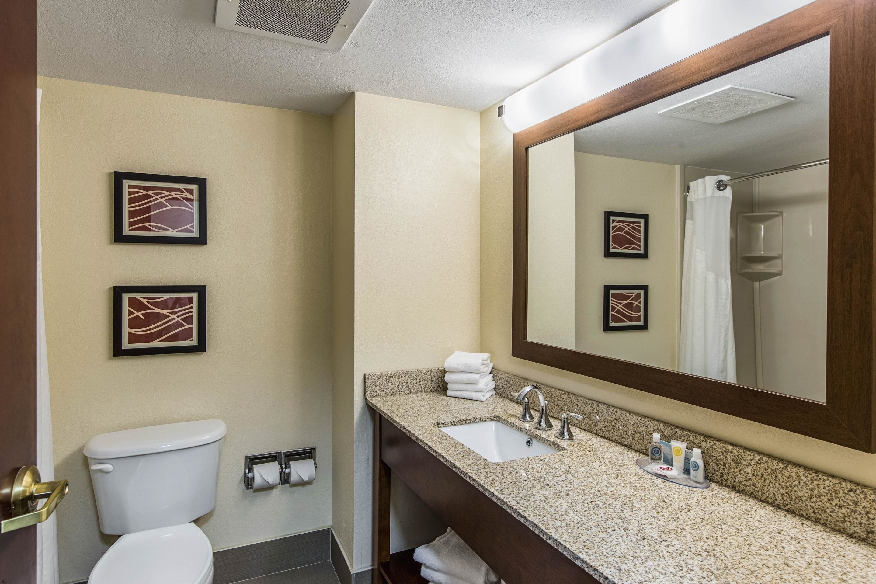 A bathroom with a toilet, sink, and large mirror. There are two framed pictures on the wall.
