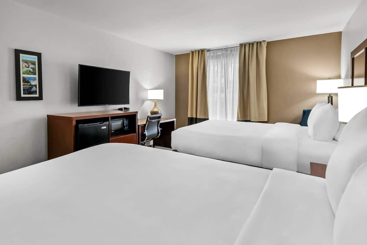 A hotel room with two beds, a TV, a desk with a lamp, and a picture on the wall.