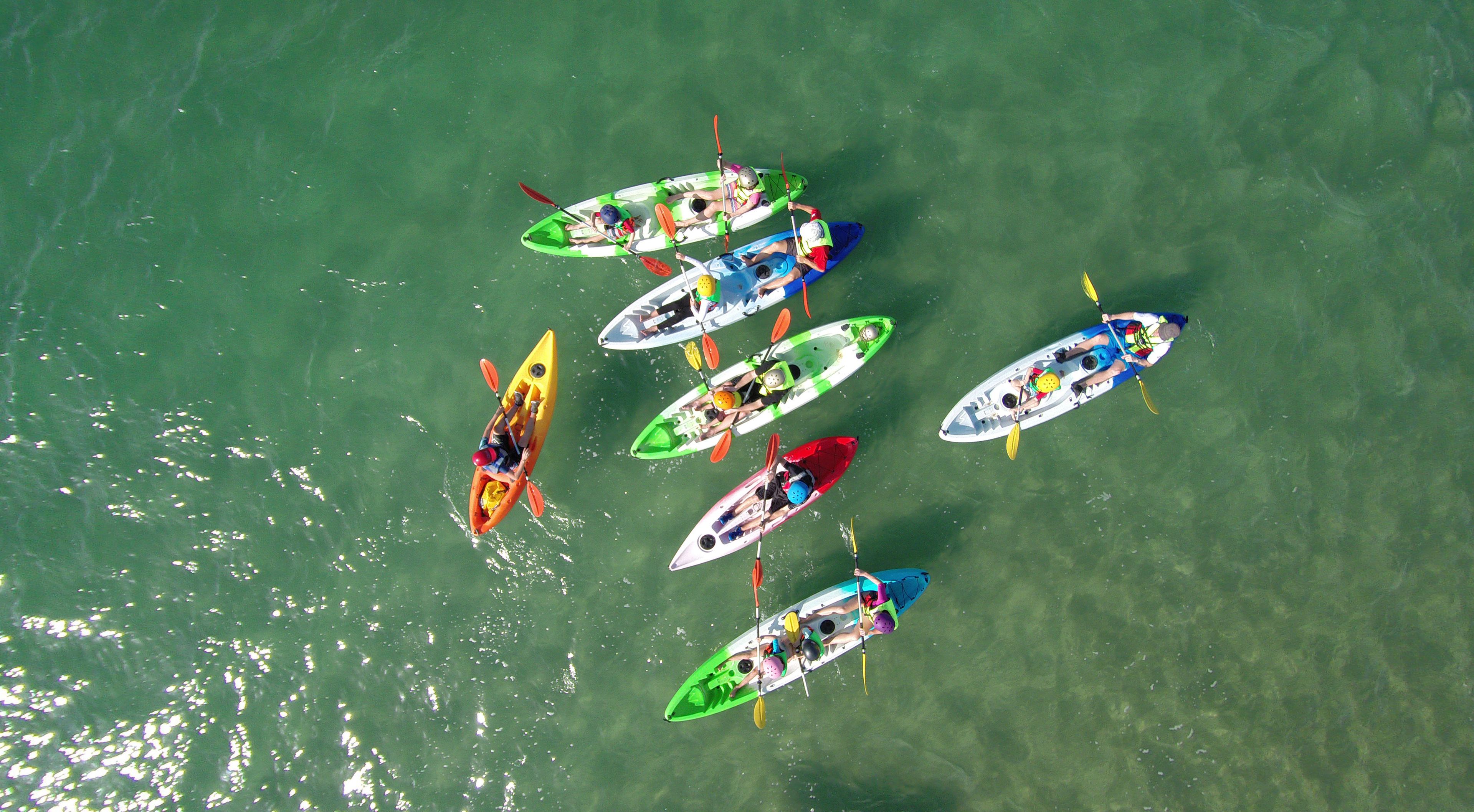 Un grupo de kayaks sobre la superficie del agua.