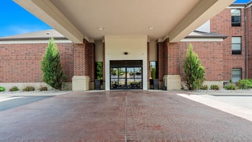 A building entrance with a brick facade, a covered walkway, and two potted plants.