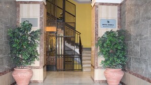 A hotel entrance with a staircase, reception sign, and potted plants. - Hotel Dorica (Rome)