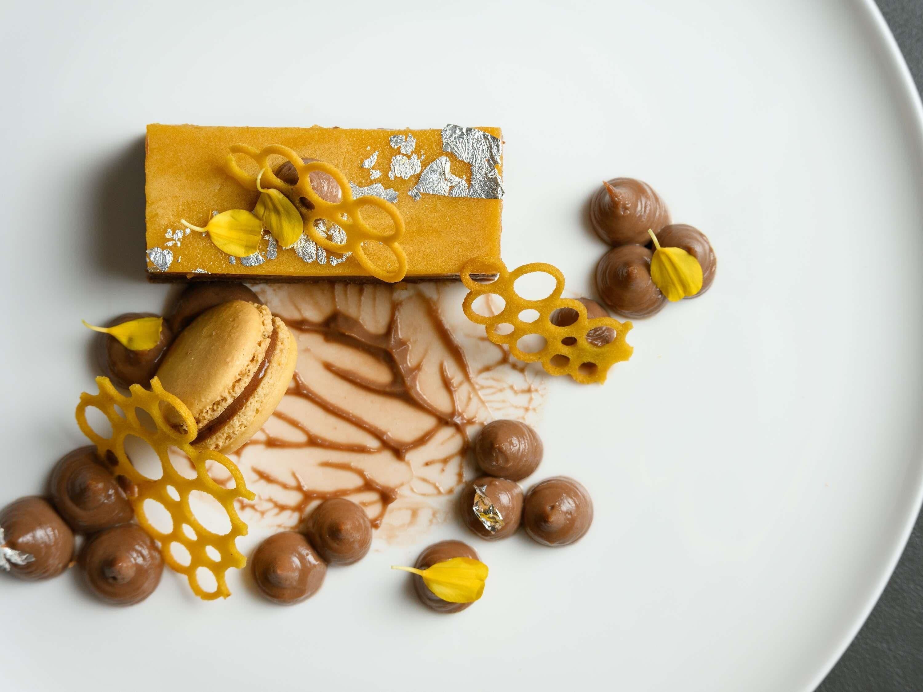 A dessert plate with a rectangular cake, macarons, chocolate balls, and decorative elements.