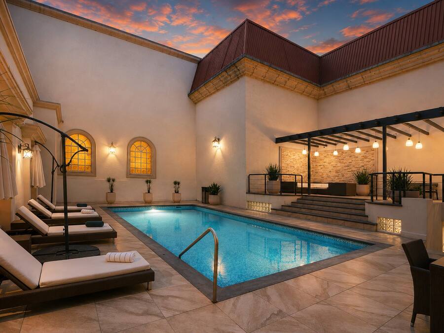 Piscina interior com espreguiçadeiras e escadaria que dá para um andar superior.