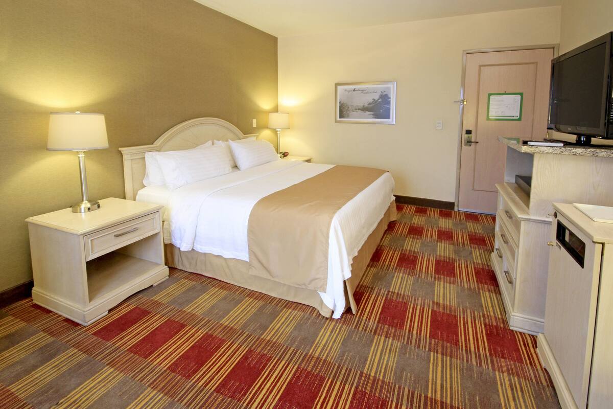 A hotel room with a bed, bedside tables, a TV, and a carpeted floor.