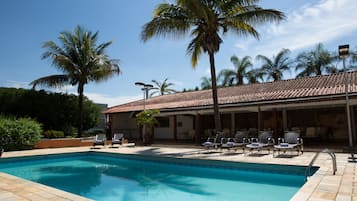 Outdoor pool, open 8:00 AM to 9:00 PM, sun loungers