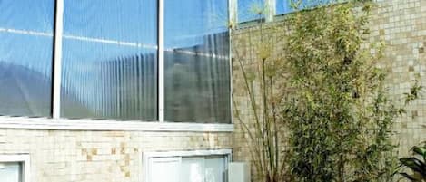 Un invernadero con techo de cristal, suelo de madera y plantas en macetas.