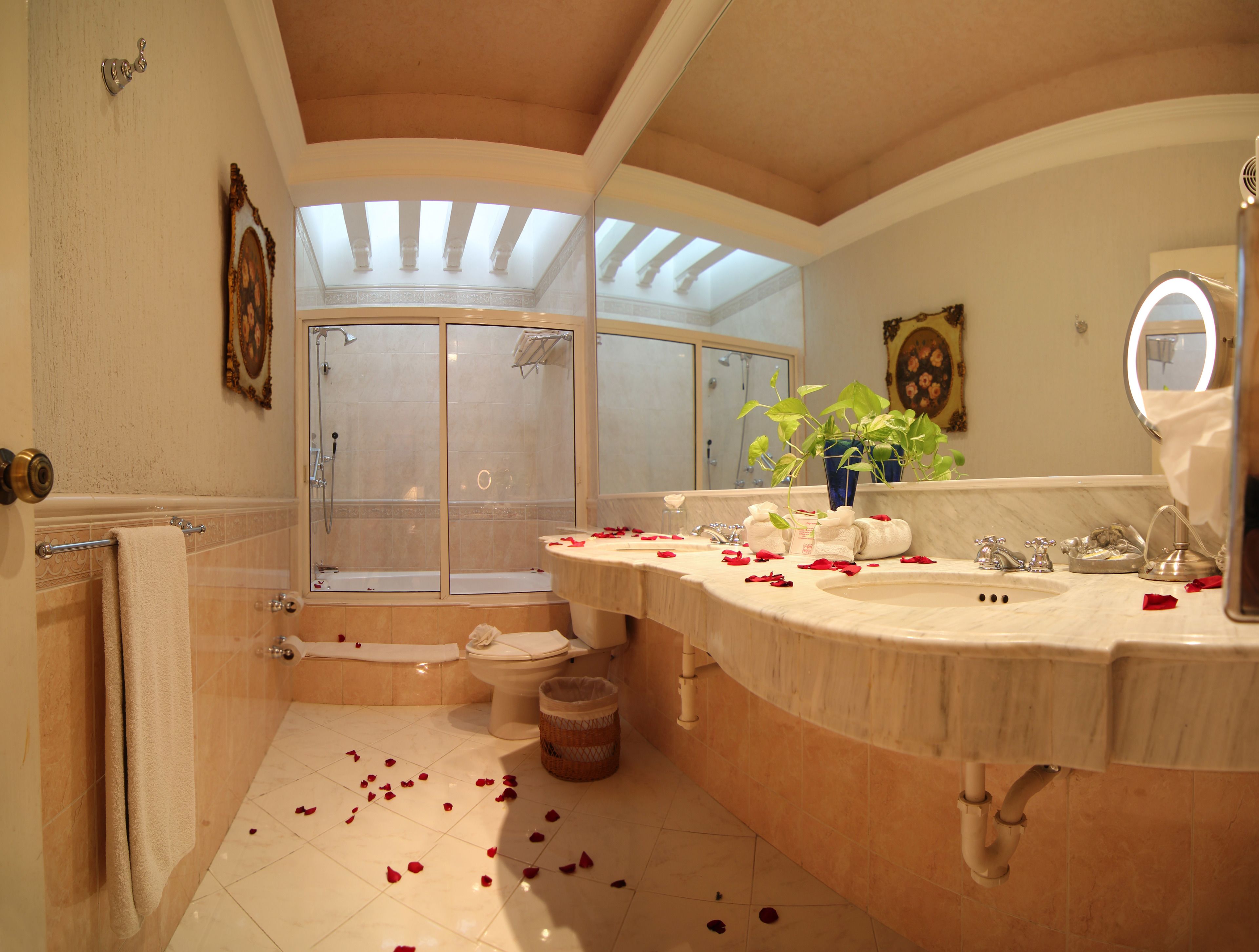 master suite with one king bed & spa bath - garden view | bathroom | shower, free toiletries, hair dryer, bathrobes