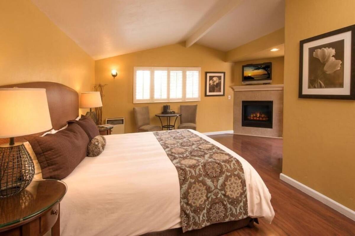 Quarto de hotel com uma cama grande, lareira e vista para o exterior.