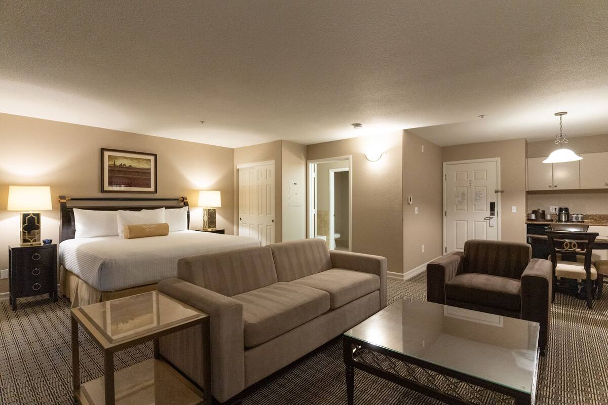 Une chambre d’hôtel comprenant un lit, un canapé, une table basse, une chaise, un bureau et une kitchenette.
