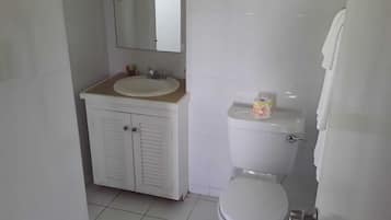 Un baño con inodoro, lavamanos y espejo.