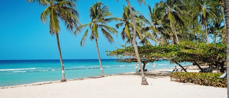 On the beach, white sand, sun-loungers, beach towels