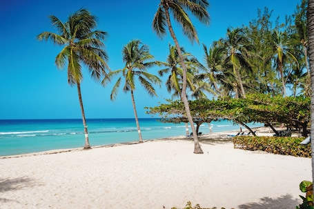 On the beach, white sand, sun loungers, beach towels