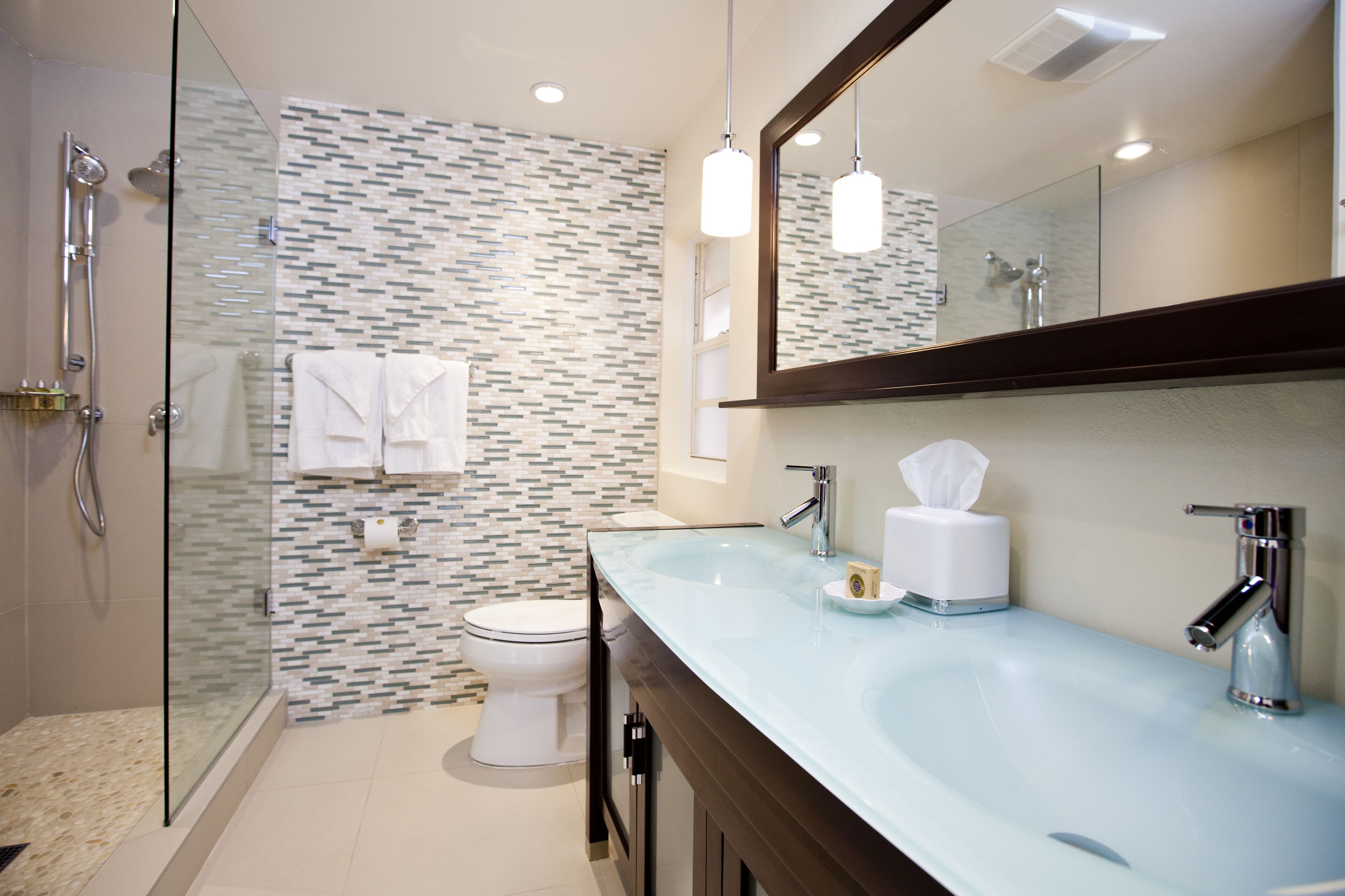 shower, rainfall showerhead, designer toiletries, hair dryer