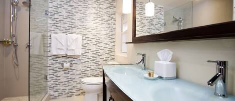A modern bathroom with a glass shower enclosure, a white toilet, and a large mirror above a sink with a tissue dispenser.
