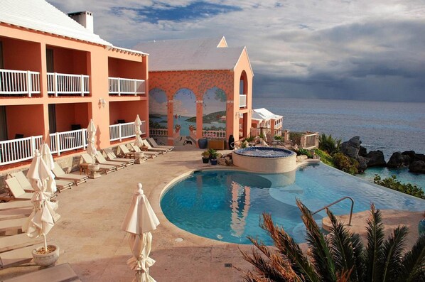 Outdoor pool, pool umbrellas, pool loungers