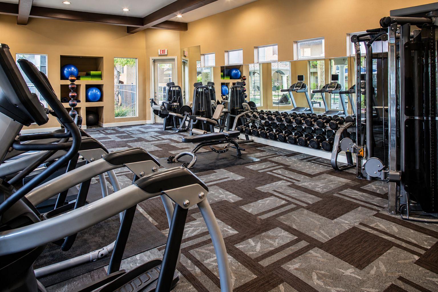 A gym with treadmills, weight machines, and free weights.