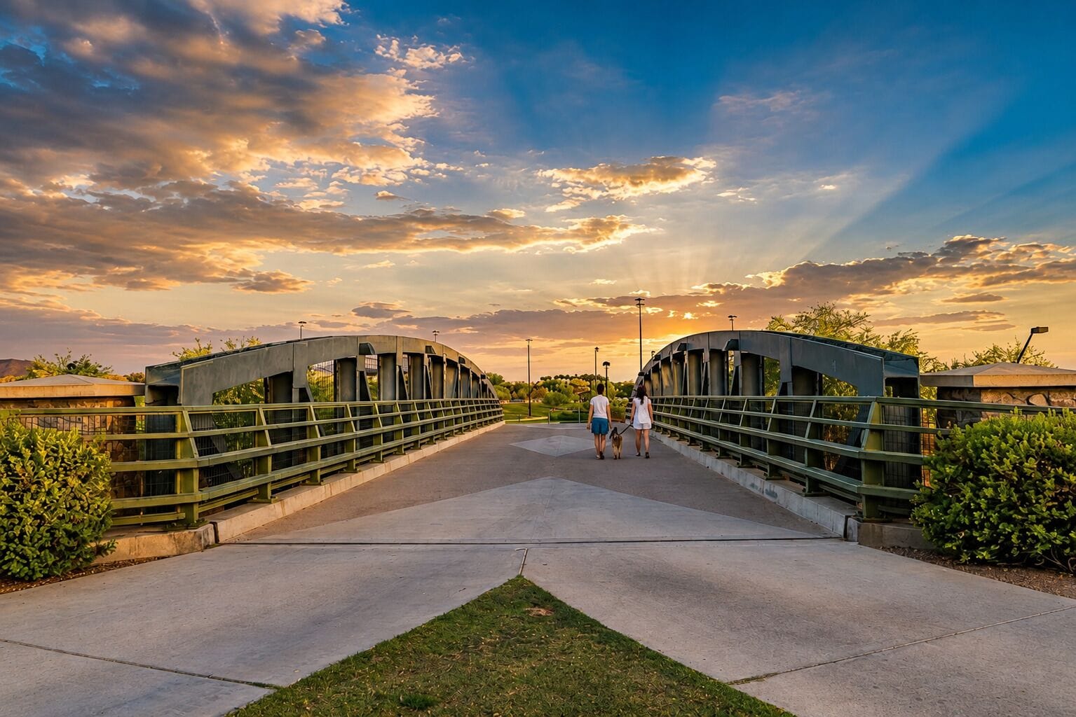Eine Fußgängerbrücke mit Metallgeländer und Betonweg.