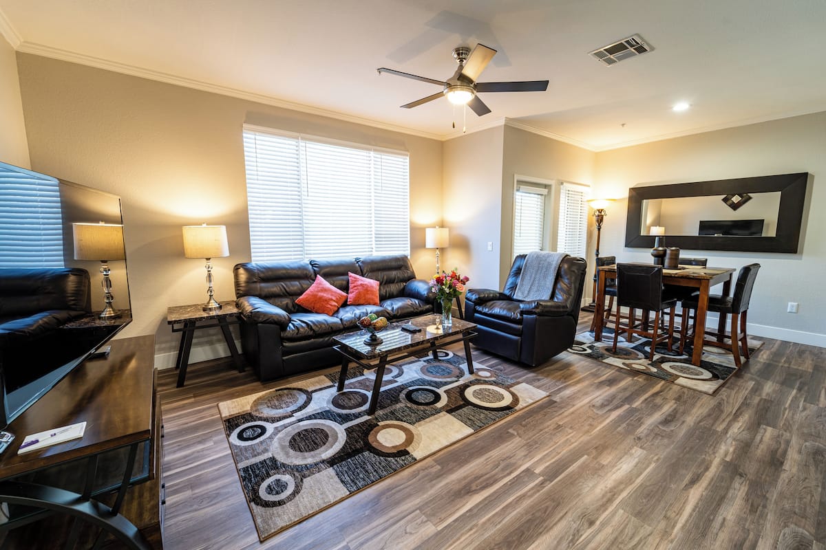 40-inch flat-screen TV with cable channels, LCD TV, Hulu