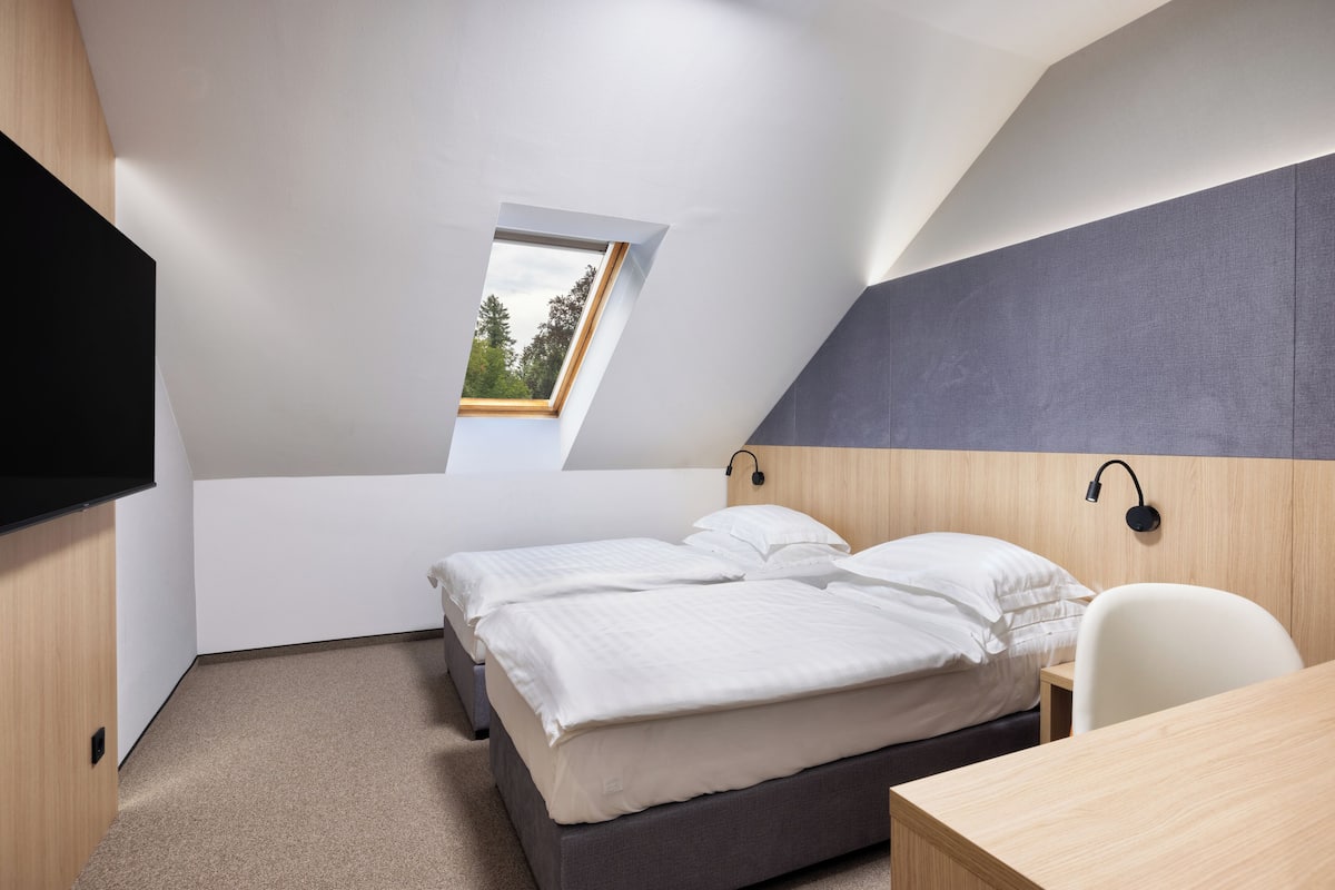 Um quarto moderno e compacto com claraboia, uma cama, uma escrivaninha e uma cadeira.