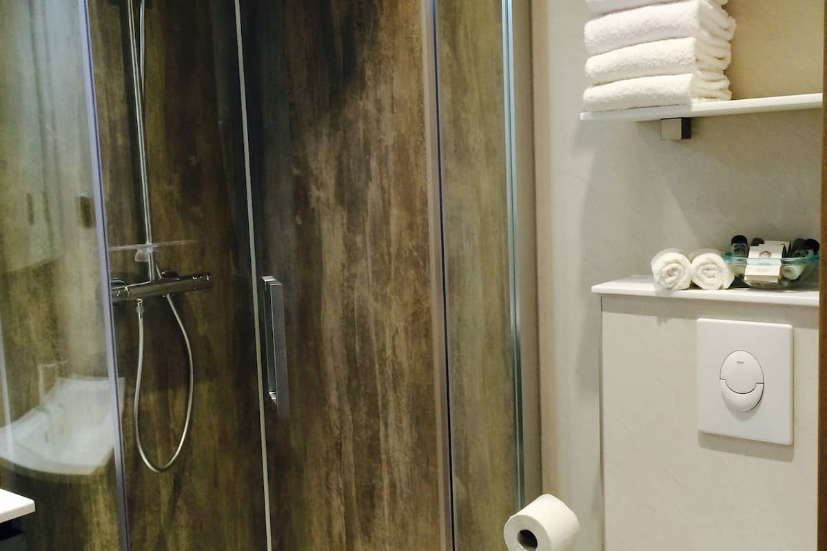 shower, rainfall showerhead, free toiletries, hair dryer