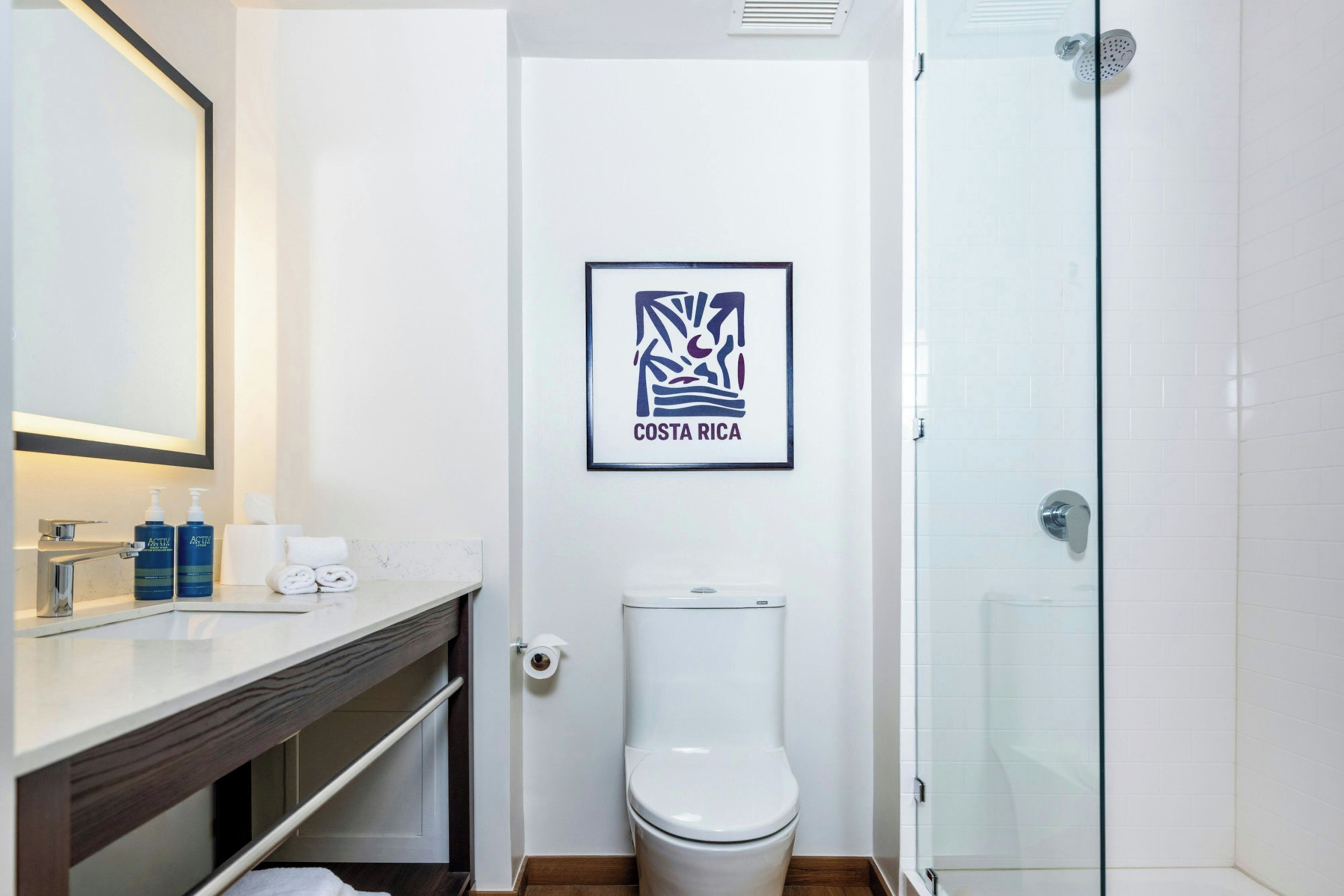 A bathroom with a white toilet, a framed picture of Costa Rica, and a glass shower enclosure.