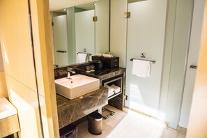 Hair dryer, bathrobes, slippers, towels