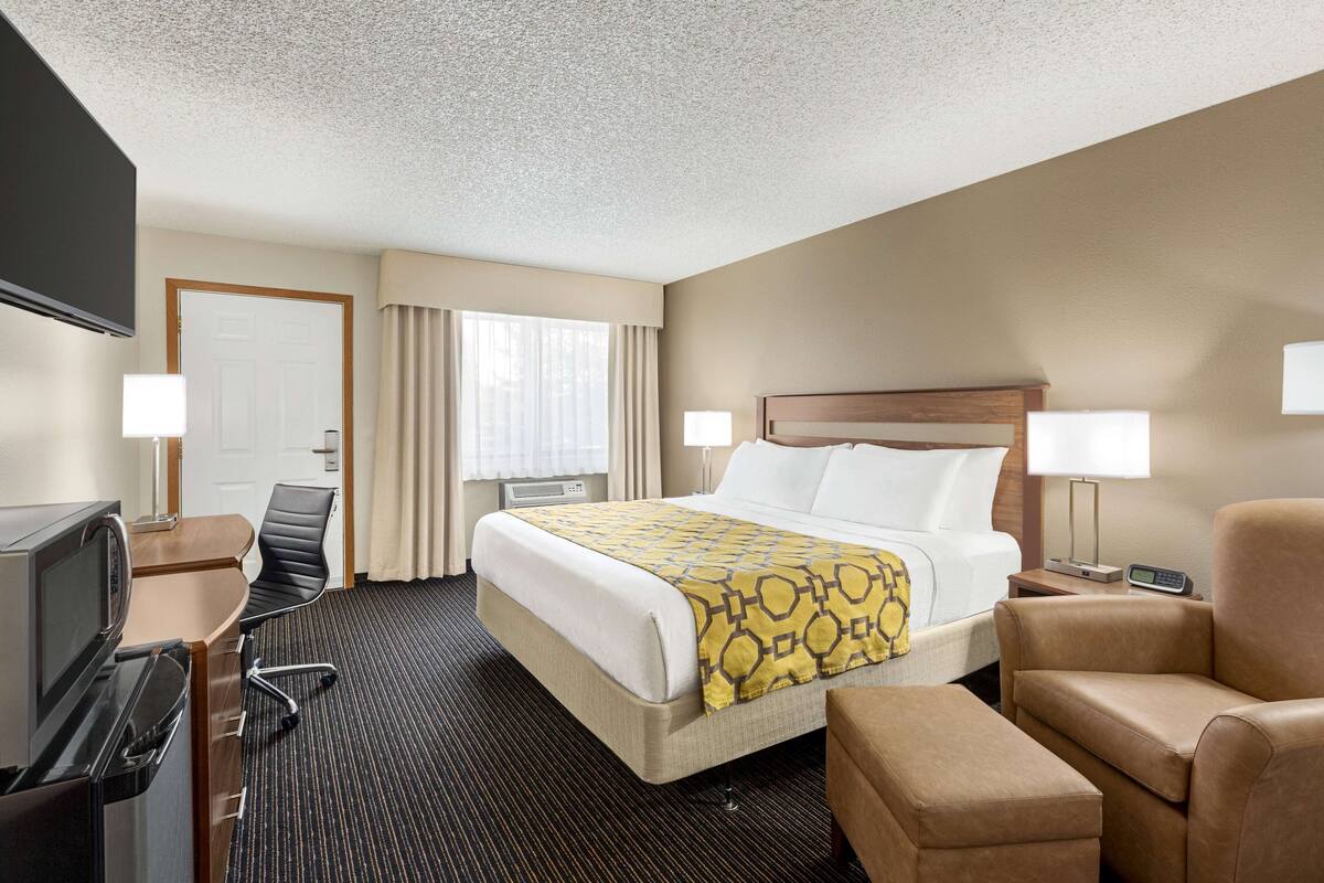 A hotel room with a bed, a desk, a TV, a chair, and a bedside table with a lamp.