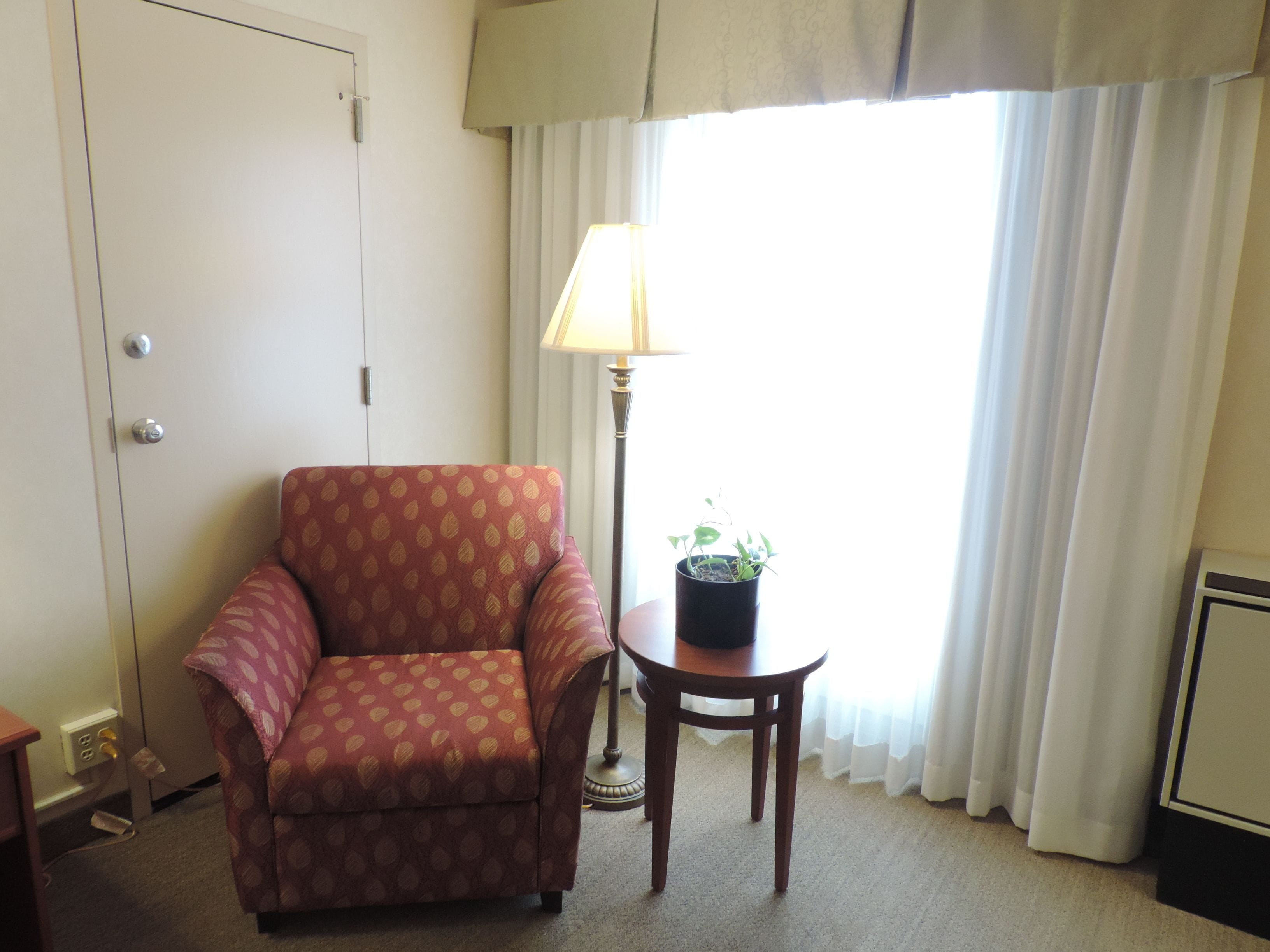 Una habitación con un sillón estampado, una pequeña mesa con una planta en maceta y una lámpara.