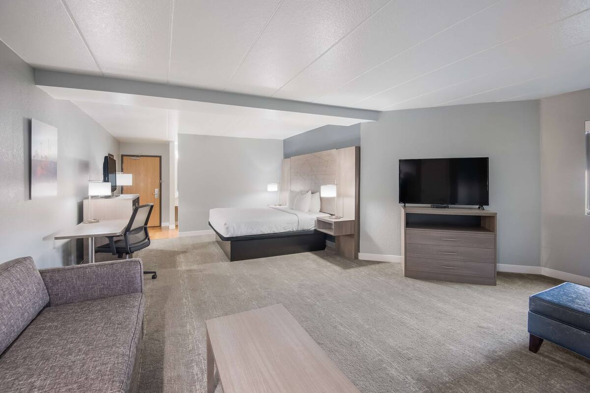 A modern hotel room with a bed, desk, chair, TV, and a sofa.