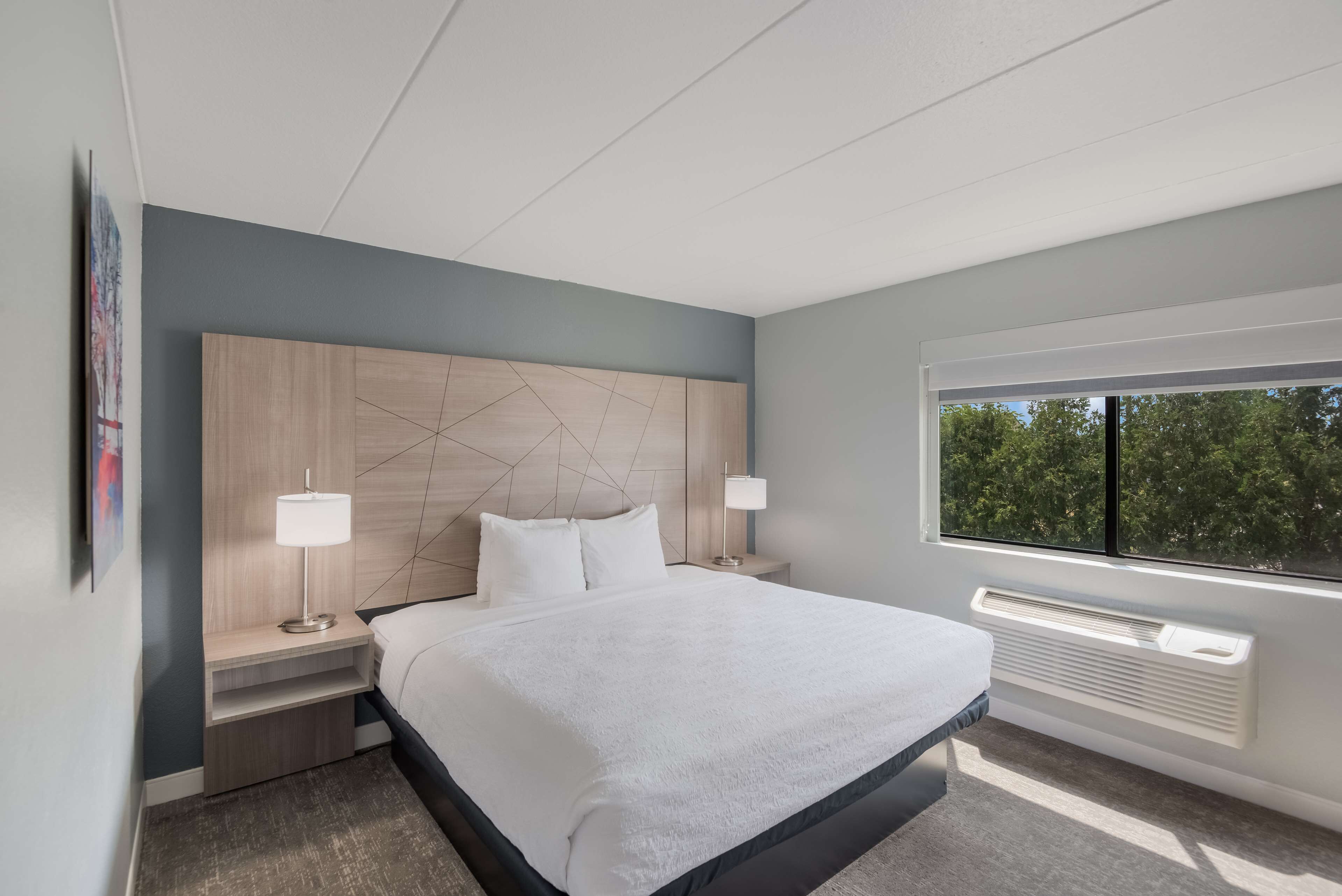 Une chambre d’hôtel moderne dotée d’un grand lit, de deux tables de chevet avec des lampes, d’une fenêtre donnant sur la verdure et d’un radiateur intégré.