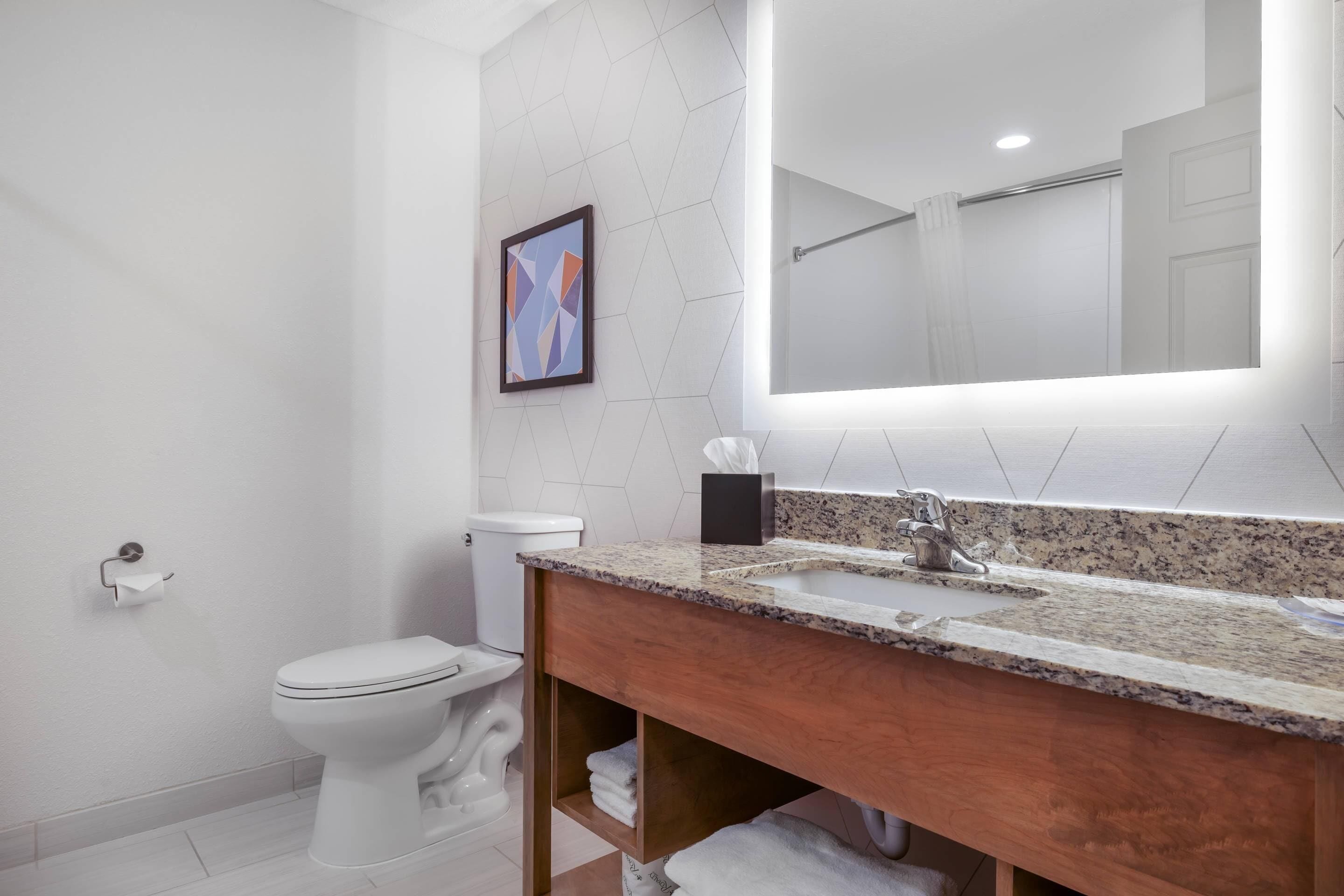 Un baño moderno con inodoro blanco, lavamanos con encimera de granito y un espejo grande.