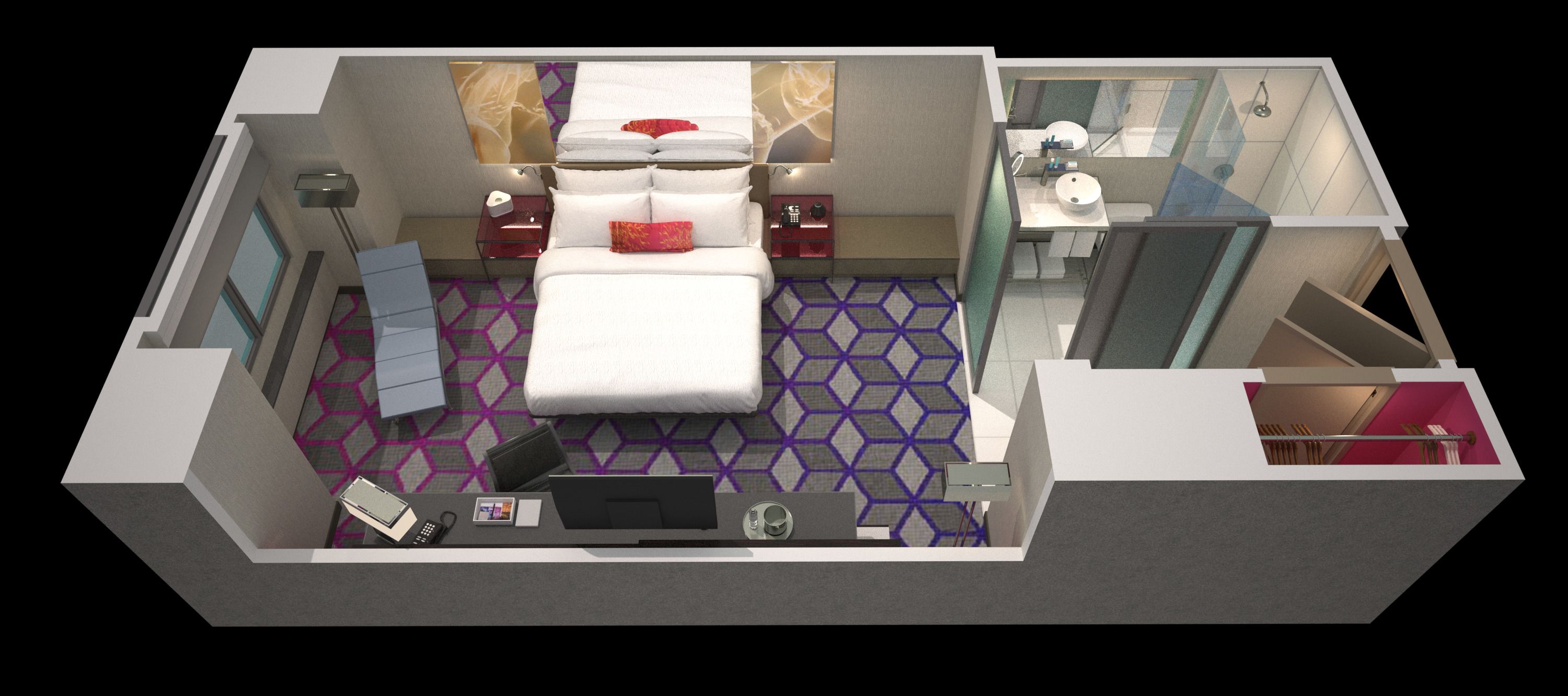 A 3D model of a hotel room with a bed, desk, chair, and a bathroom with a sink and mirror.