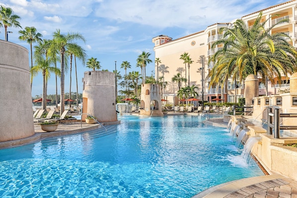 4 outdoor pools, open 7:00 AM to 11:00 PM, cabanas (surcharge)