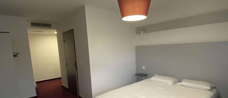 Una habitación de hotel con cama, escritorio, silla, alfombra roja y una lámpara en el techo.