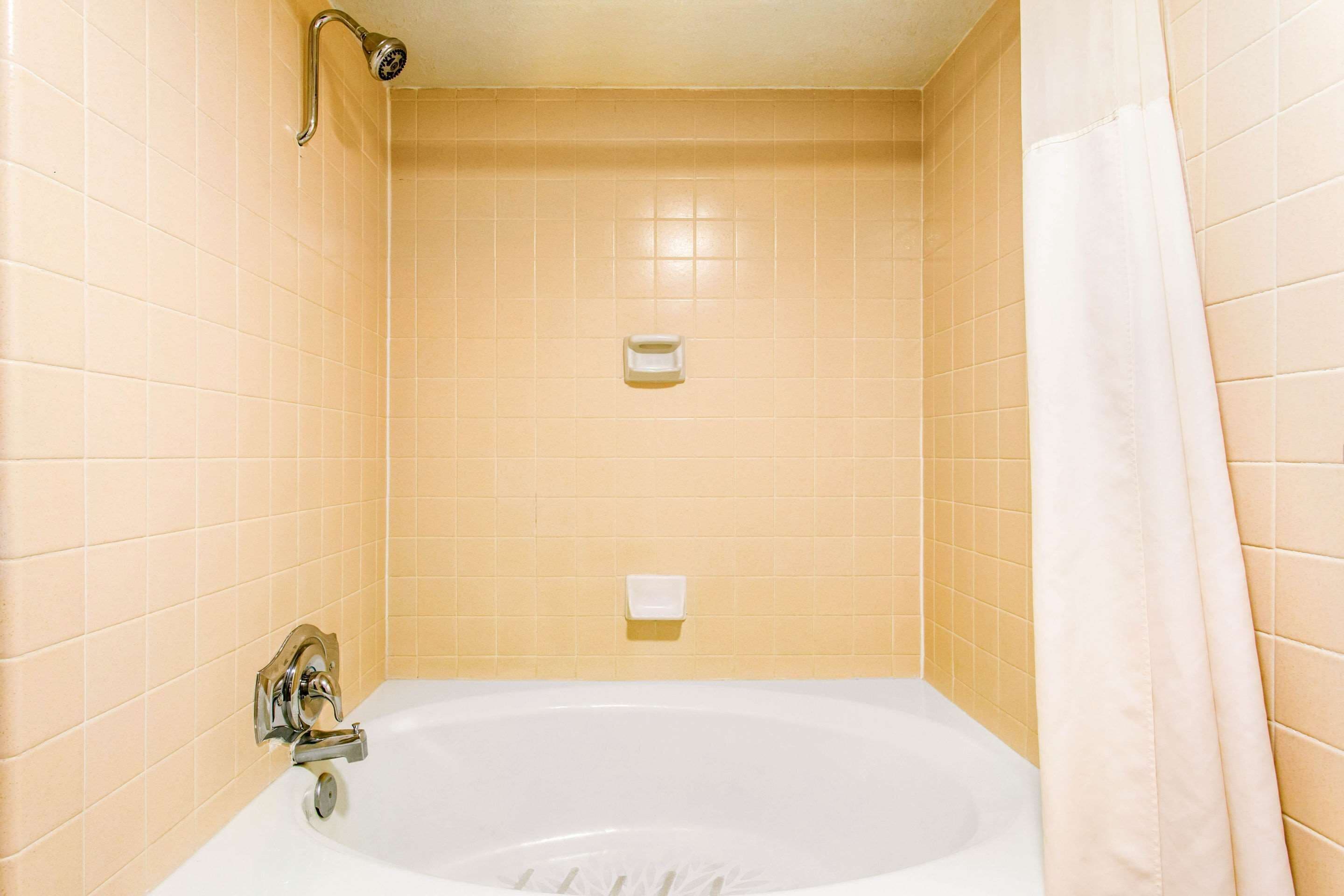 Een badkamer met een bad, een douche en een toilet.