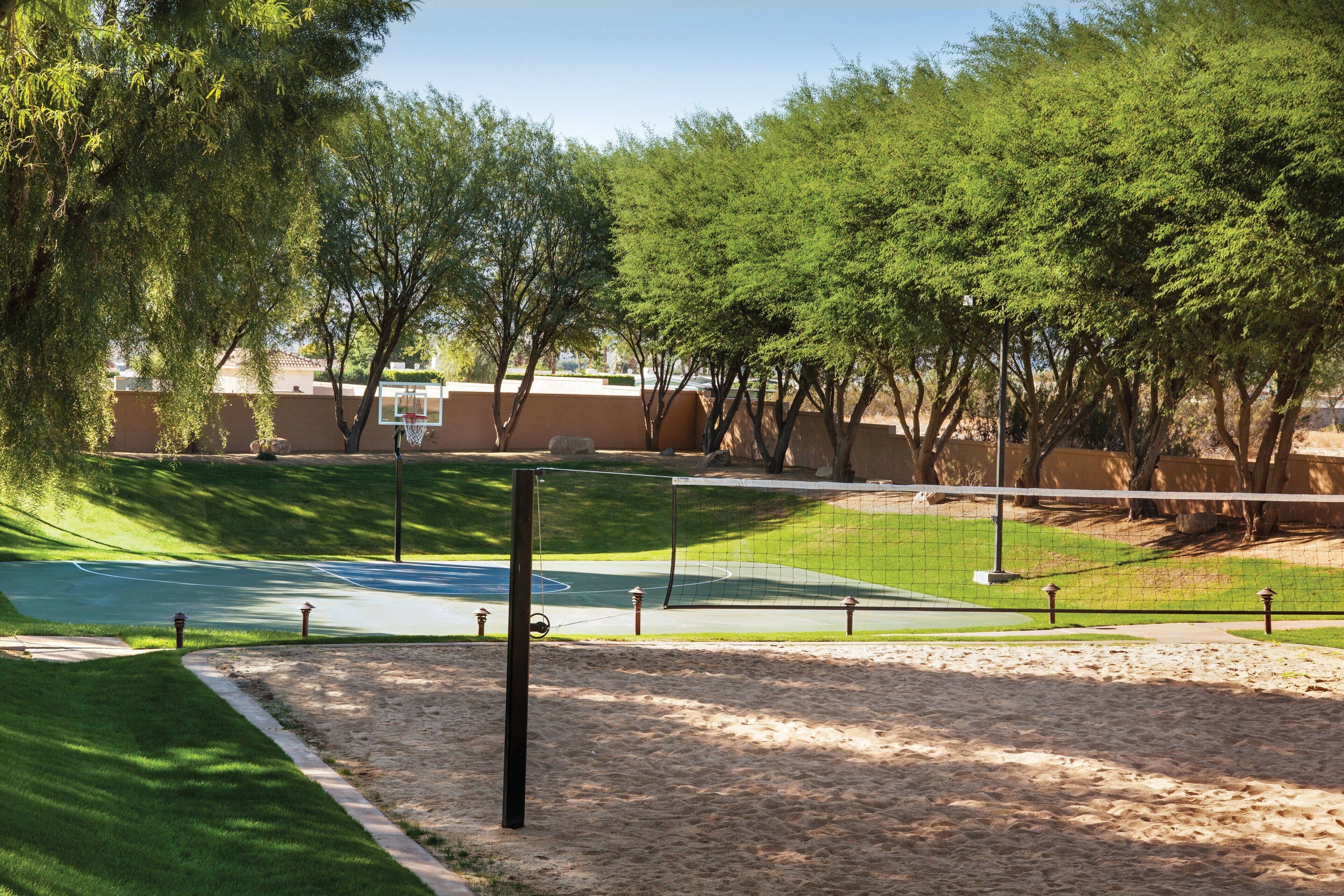 Una cancha de baloncesto con red, rodeada de árboles y una zona arenosa.