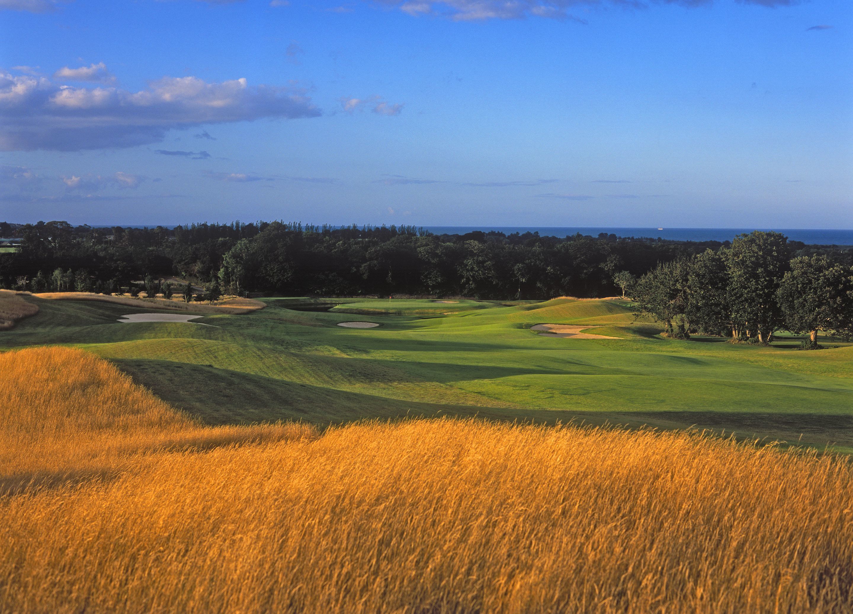 Un campo de golf bajo un cielo despejado, con árboles y una vista distante del océano.