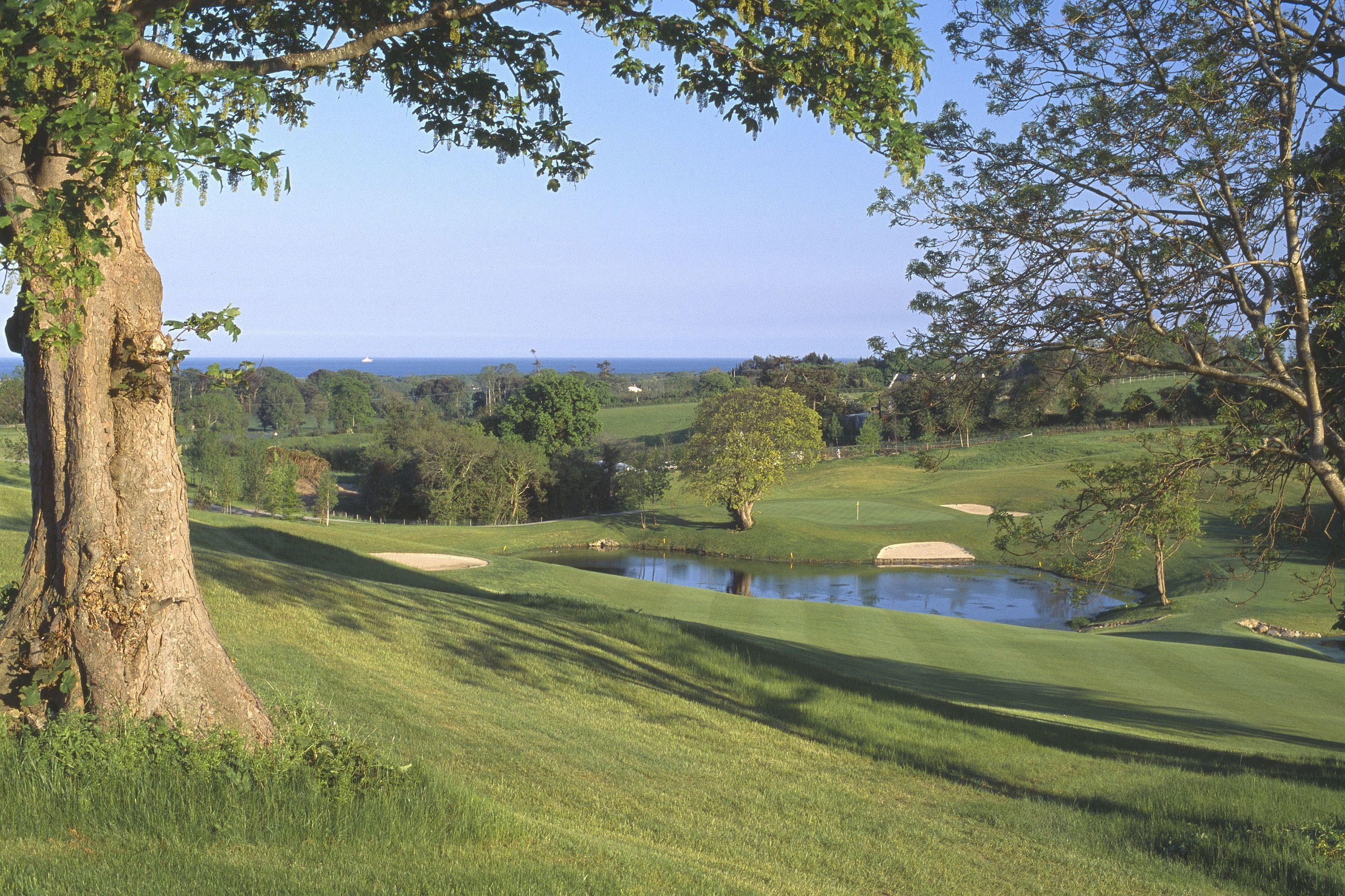 Un campo de golf con un estanque, árboles y vistas despejadas al océano.