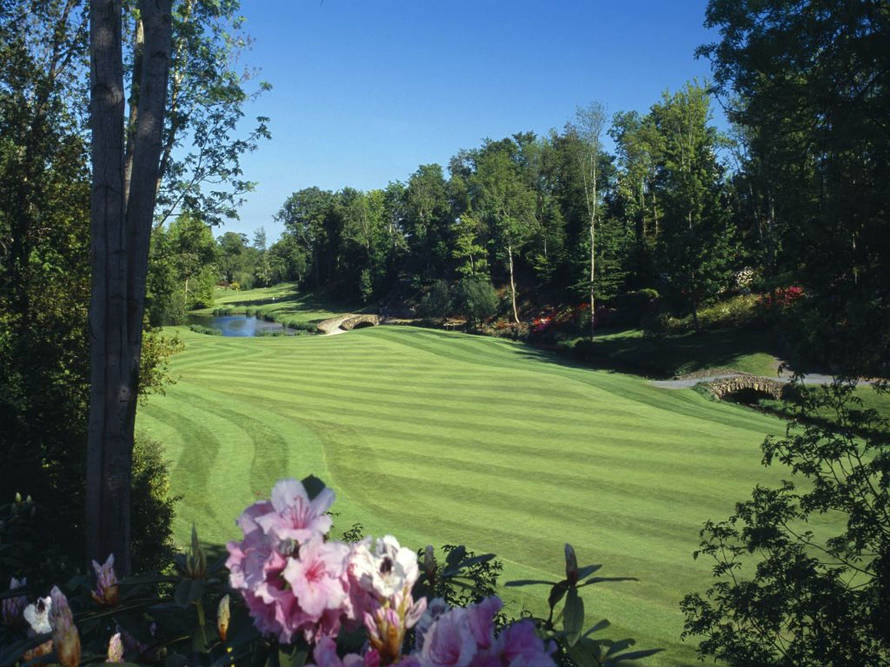 A golf course with a pond, trees, and a stone bridge.