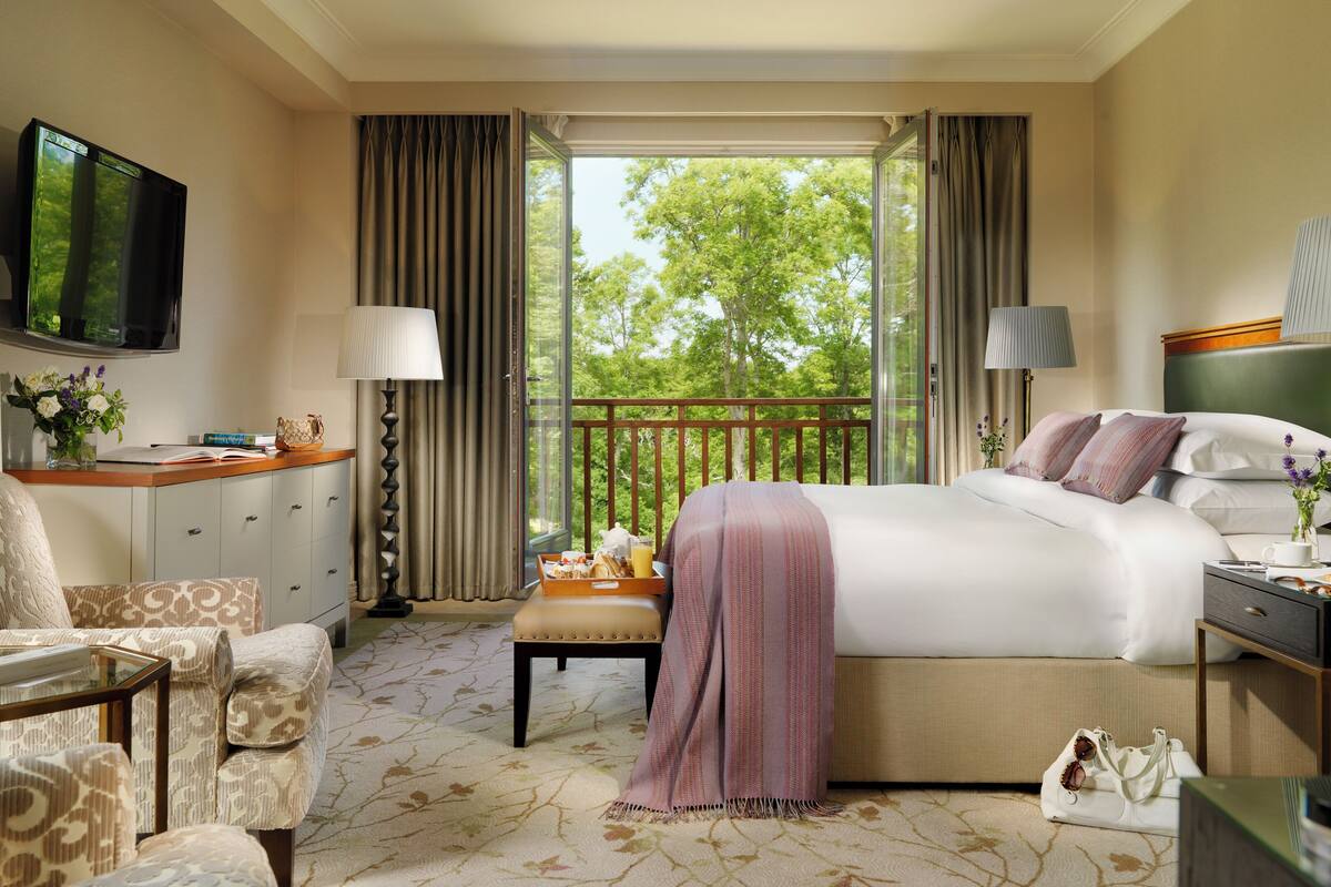 A hotel room with a bed, a desk, a chair, a TV, and a balcony with a view of trees.