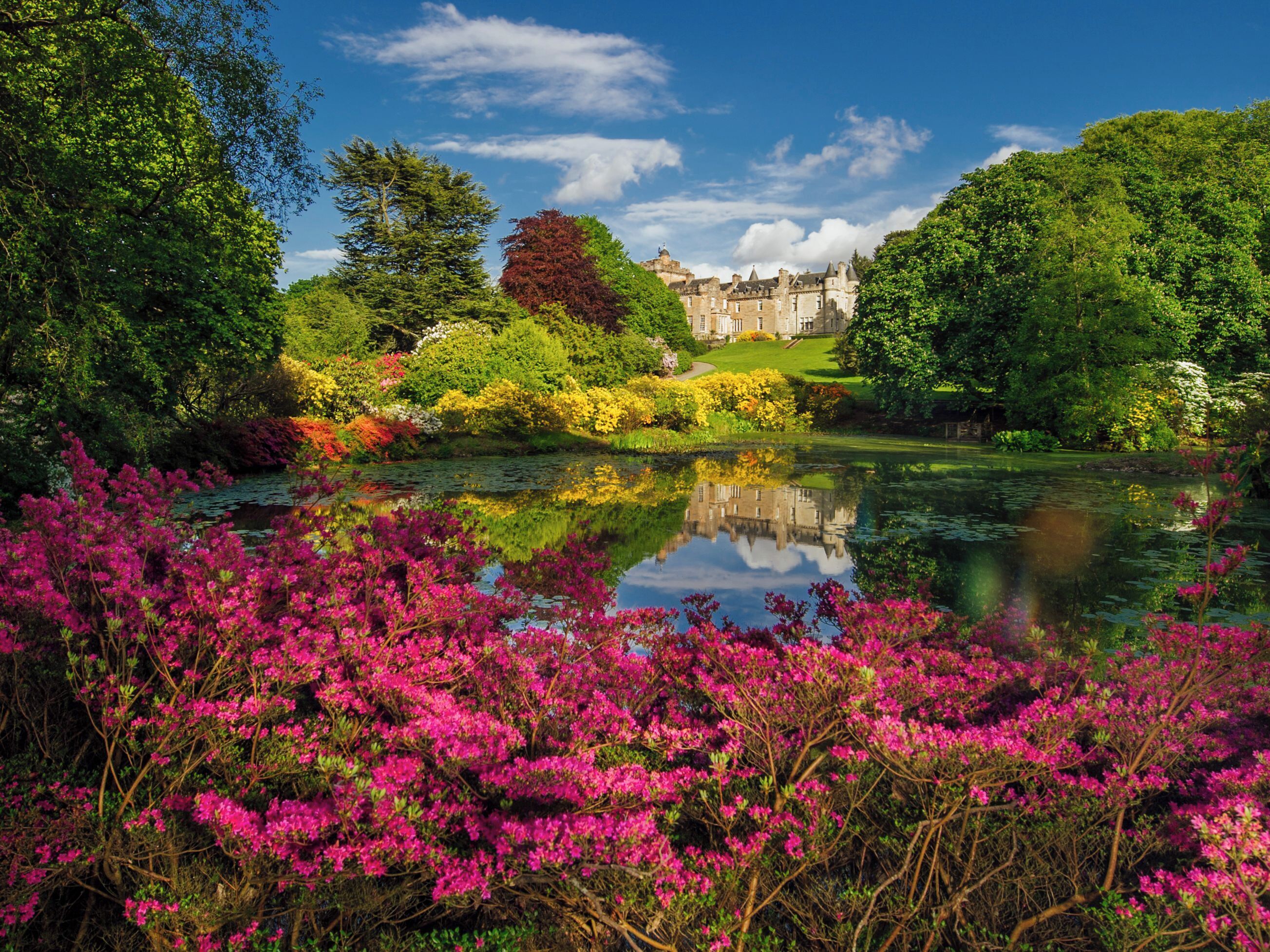 A historic building with a reflective pond surrounded by vibrant pink flowers and lush greenery.