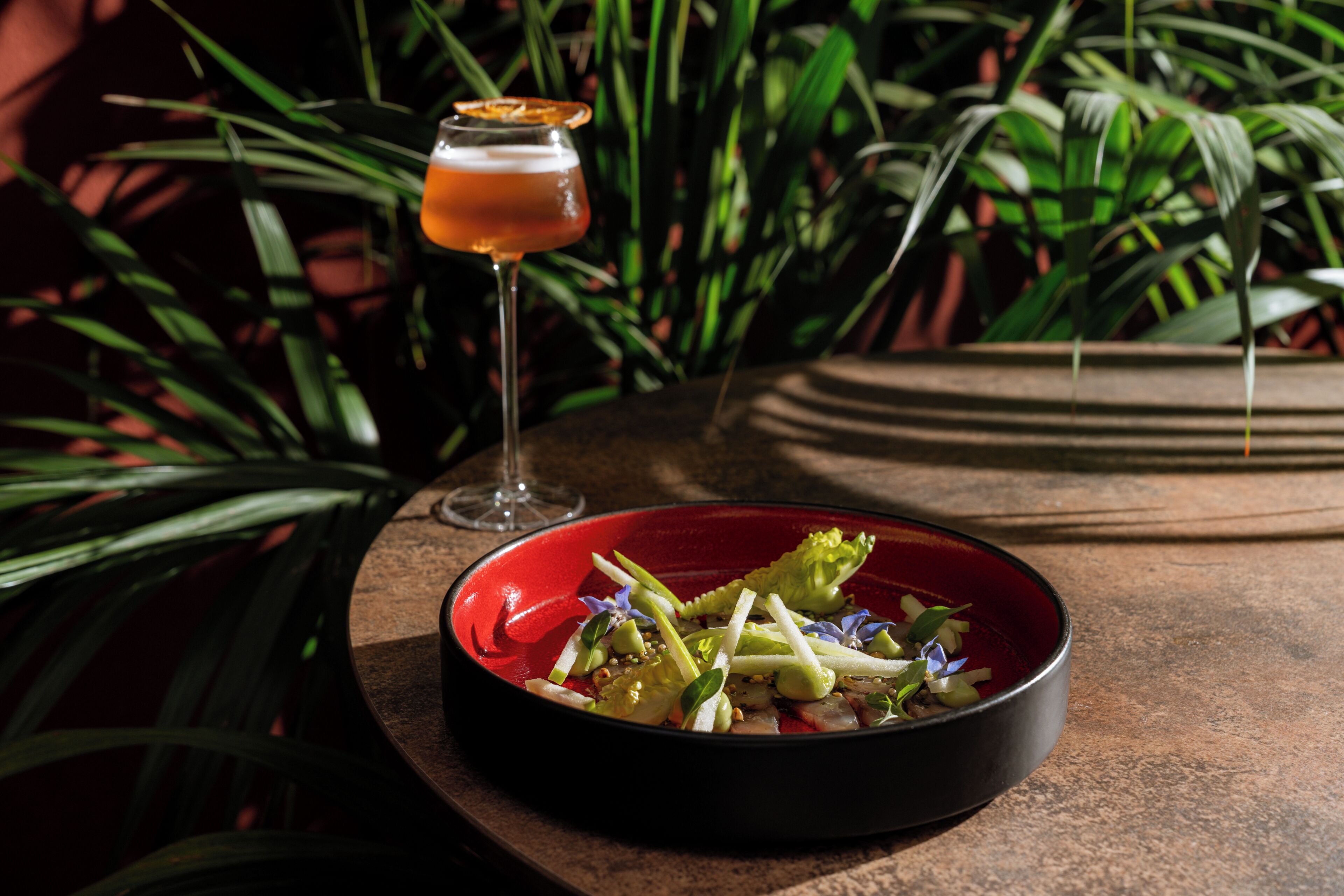 Eine rote Schüssel mit Salat auf einem Holztisch, ein Glas mit einem Getränk und im Hintergrund grüne Pflanzen.