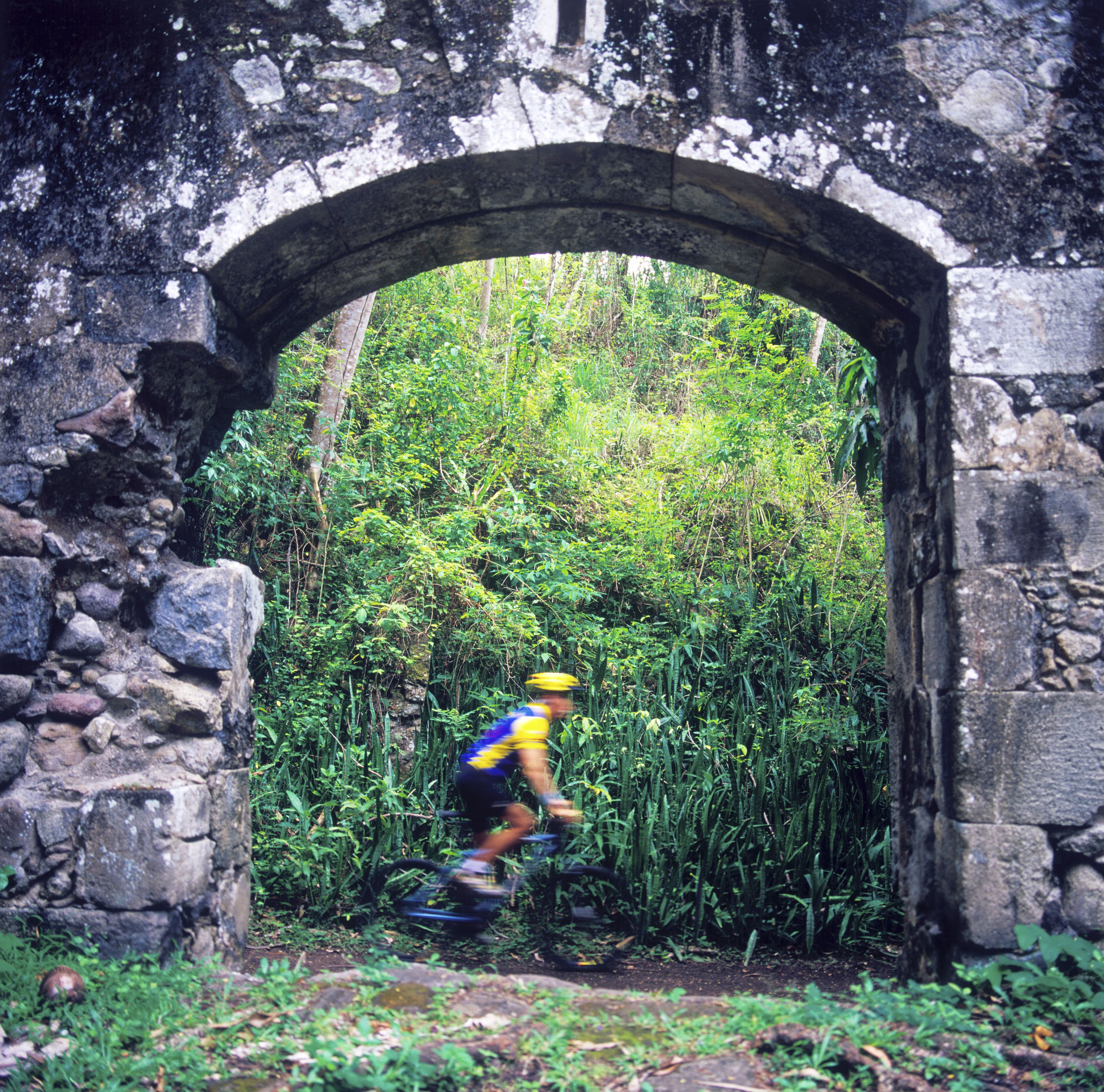 A stone archway leading into a lush, green area with dense vegetation.