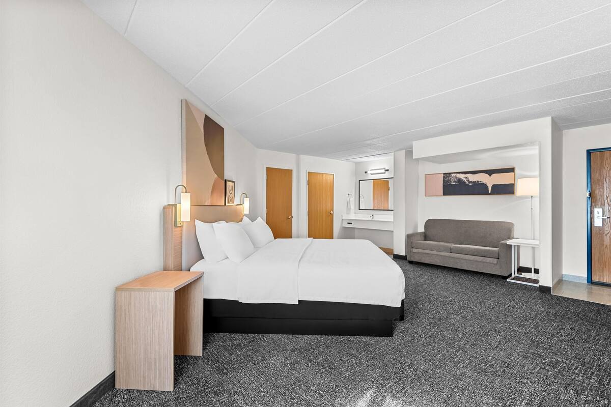 Habitación de hotel moderna con una cama, un sofá, una mesita y un televisor montado en la pared.