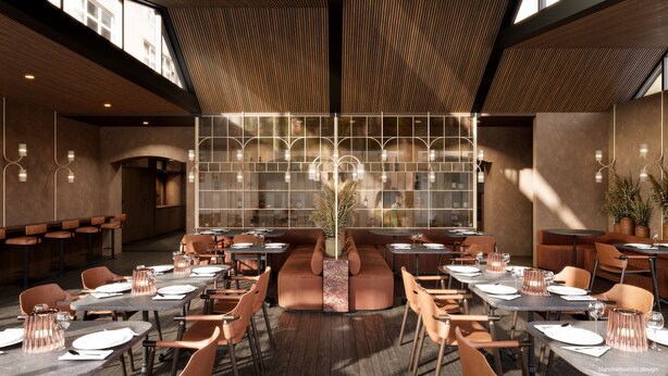 A modern restaurant with high ceilings, wooden paneling, and a central seating area with a decorative plant. Tables are set with white tablecloths and copper candle holders. - Hotel Saint-Sulpice (Montreal)